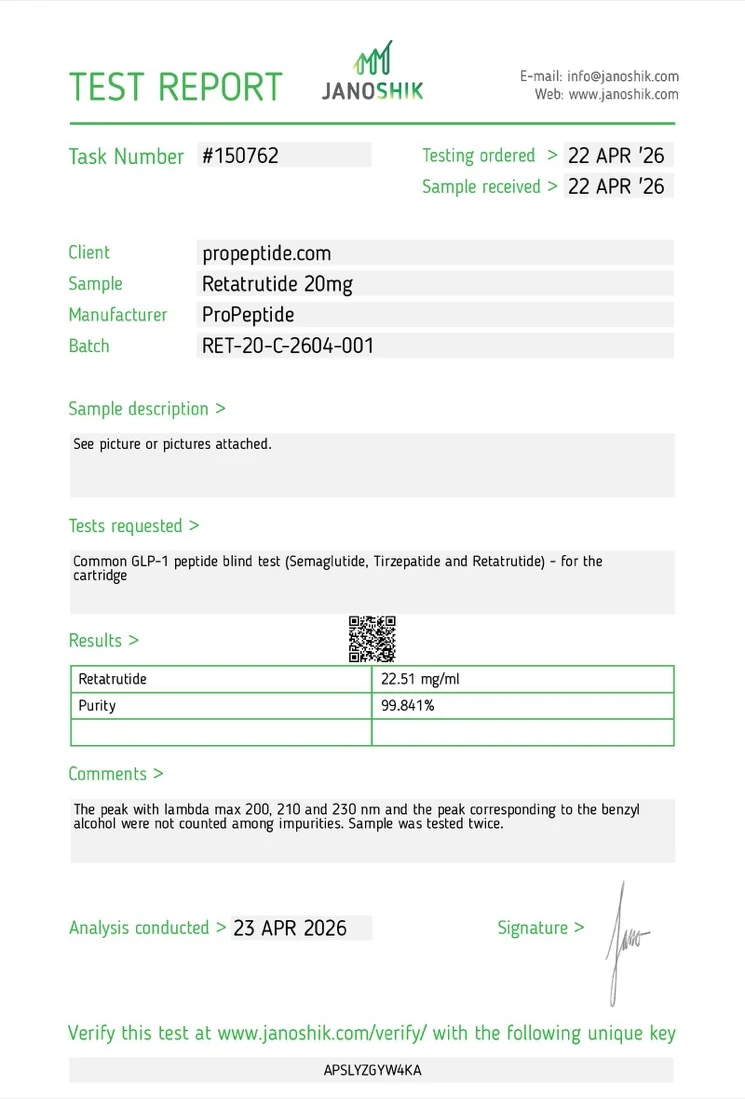 Janoshik Analytical Certificate of Analysis — Retatrutide 20mg Pen, batch RET-20-C-2604-001, 99.841% HPLC