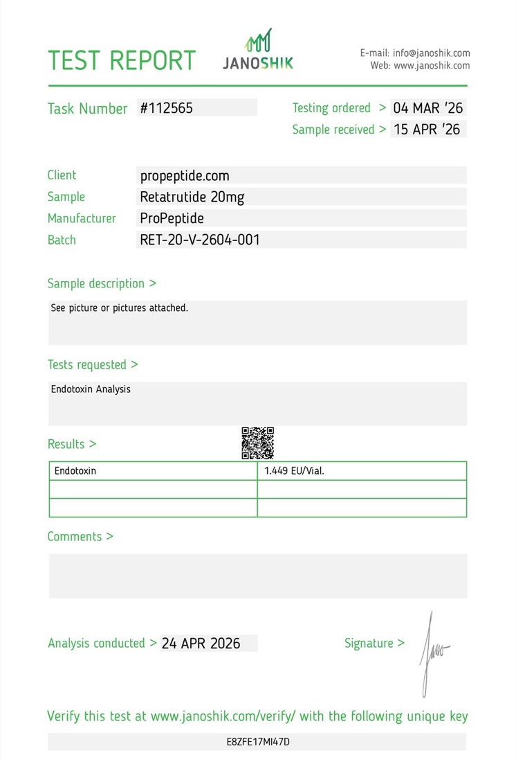 Janoshik Bacterial Endotoxin report &mdash; ProPeptide Retatrutide 20mg, batch RET-20-V-2604-001