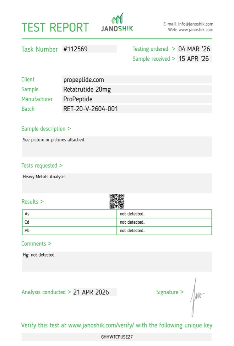 Janoshik Heavy Metals report &mdash; ProPeptide Retatrutide 20mg, batch RET-20-V-2604-001