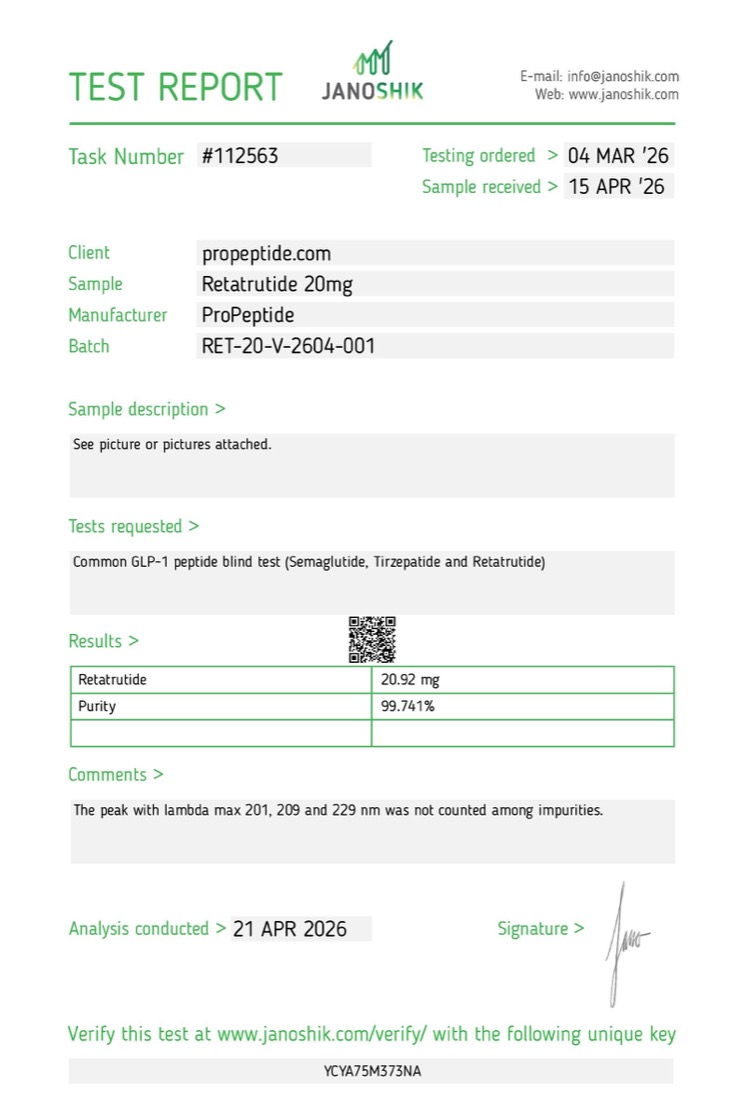 Janoshik Purity & Assay report &mdash; ProPeptide Retatrutide 20mg, batch RET-20-V-2604-001