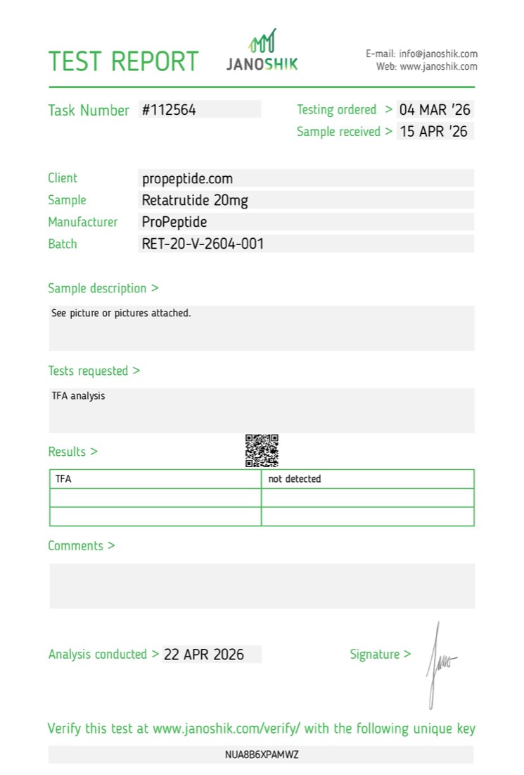 Janoshik TFA Residual report &mdash; ProPeptide Retatrutide 20mg, batch RET-20-V-2604-001