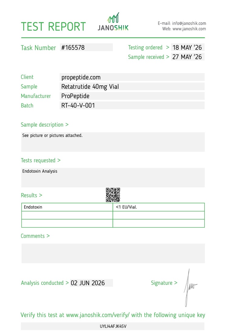 Janoshik Bacterial Endotoxin report &mdash; ProPeptide Retatrutide 40mg Vial, batch RT-40-V-001