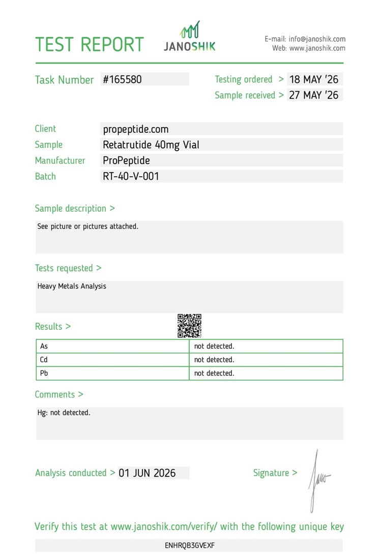 Janoshik Heavy Metals report &mdash; ProPeptide Retatrutide 40mg Vial, batch RT-40-V-001