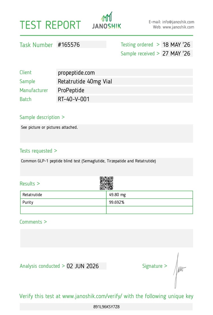 Janoshik Purity & Assay report &mdash; ProPeptide Retatrutide 40mg Vial, batch RT-40-V-001