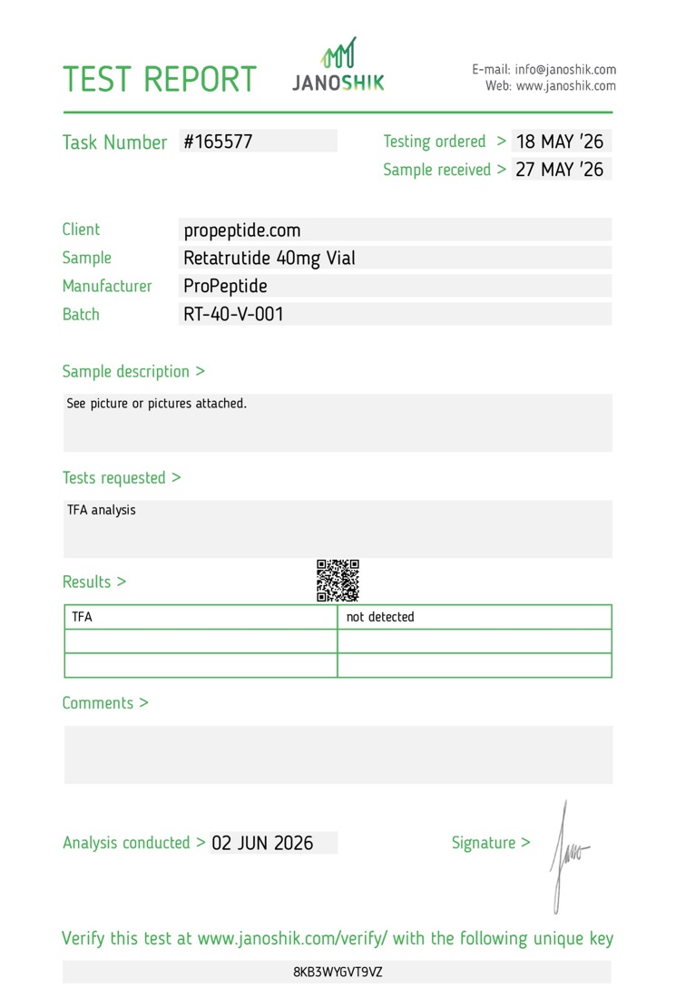 Janoshik TFA Residual report &mdash; ProPeptide Retatrutide 40mg Vial, batch RT-40-V-001