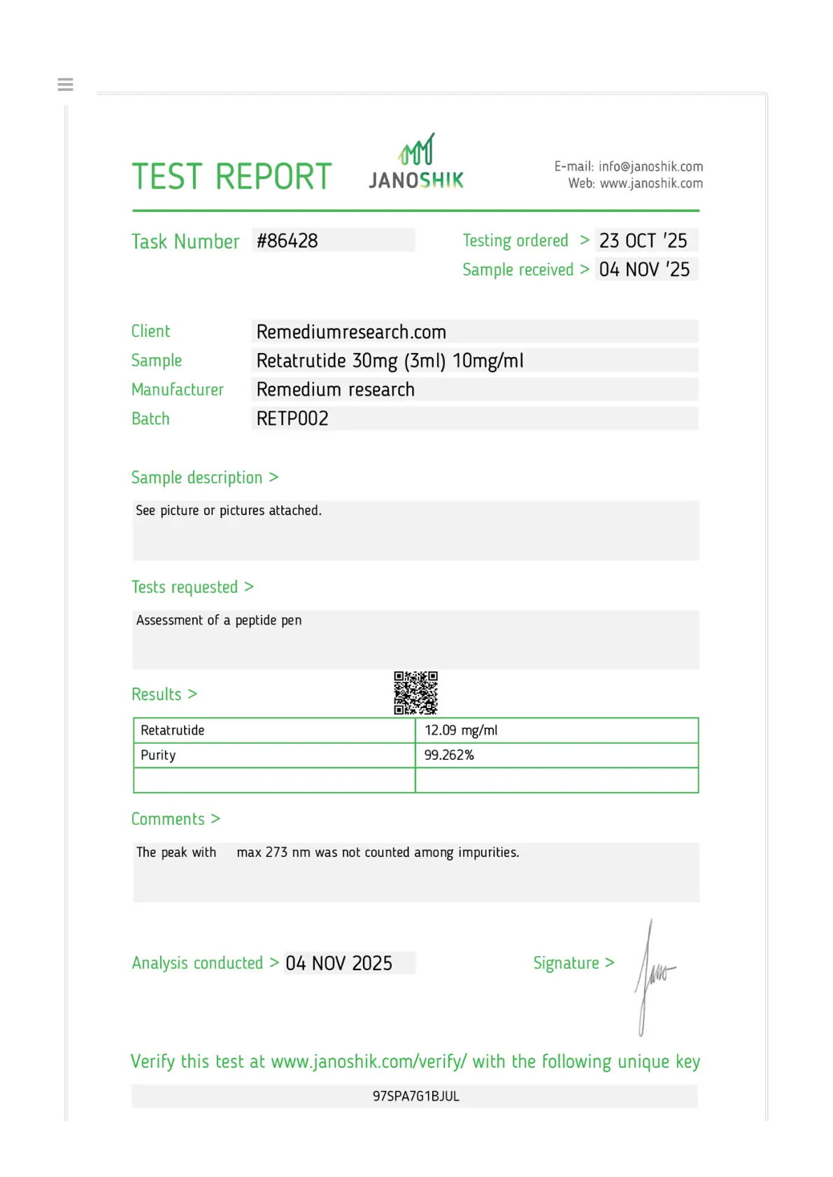 Janoshik Purity Certificate report &mdash; Remedium Research Retatrutide 30mg FlexiPen, batch RETP002